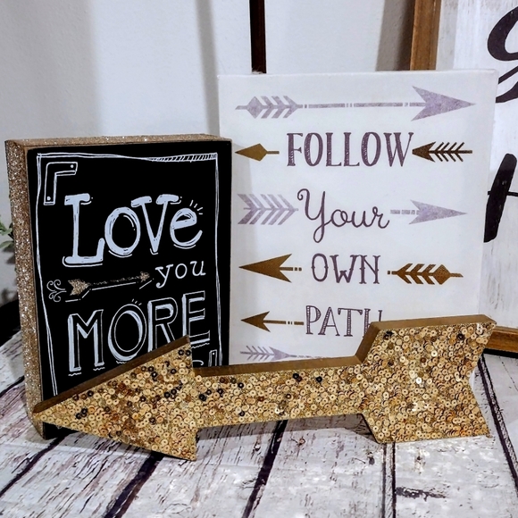 💘 3pc Metallic Gold Sequins Arrows Home Bedroom Decor Wall Signs Art - Picture 1 of 11
